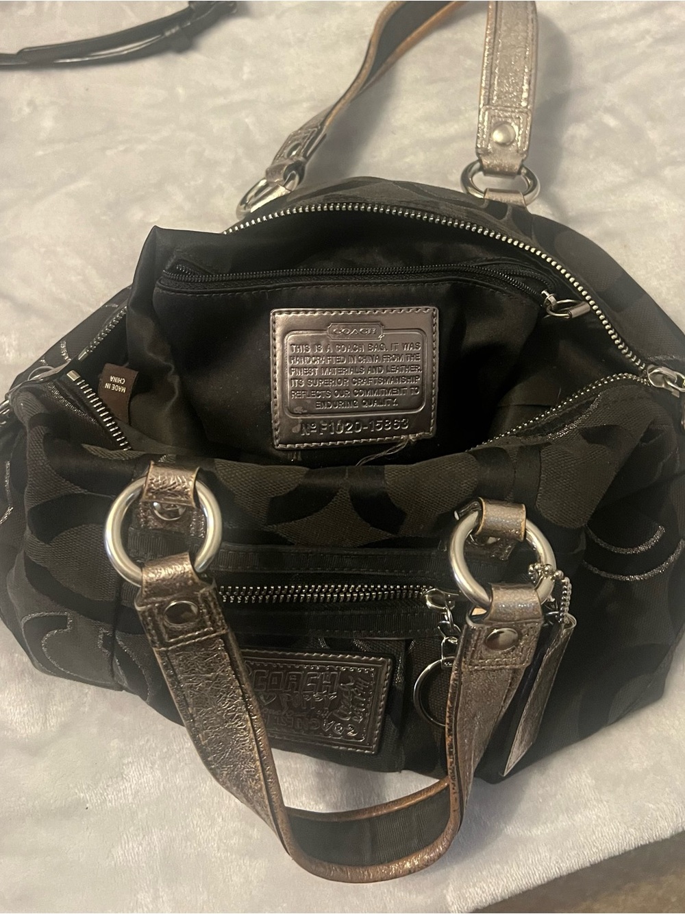 Coach Black Signature Satchel with Metallic Pewter Trim